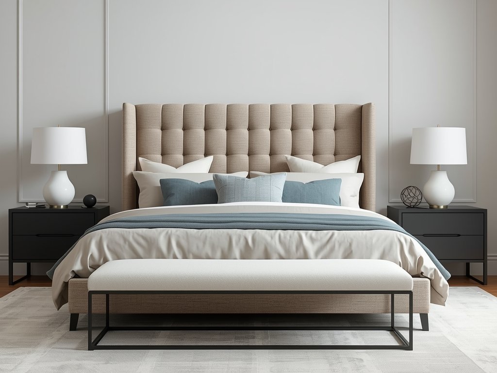 A sleek, upholstered bed frame with a tufted headboard, paired