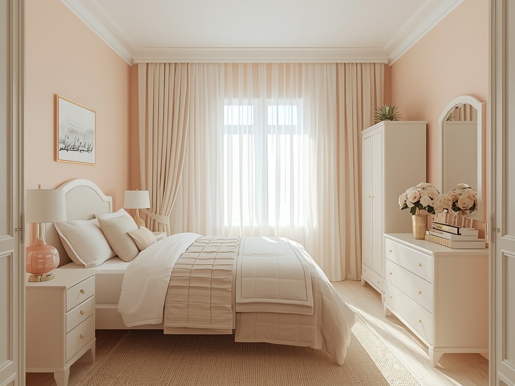 A small bedroom painted in soft pastel tones with white