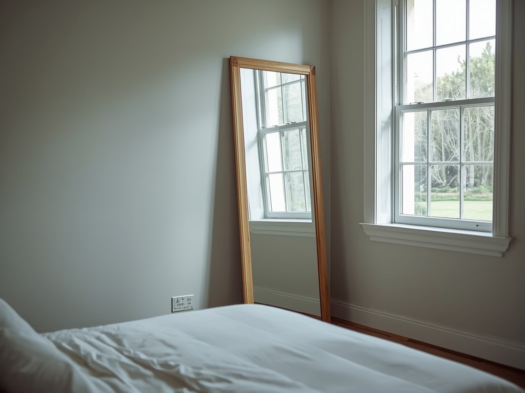 A small bedroom with a large, full-length mirror leaning against