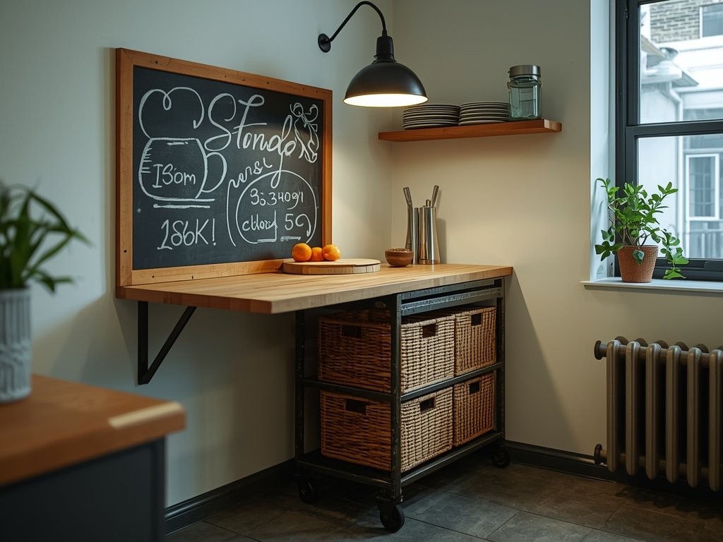 A small kitchen with a fold-down table attached to the