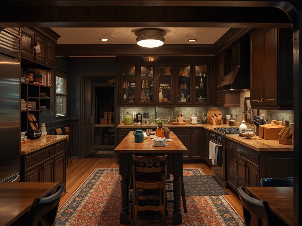 A small kitchen with cluttered countertops, oversized furniture, and dark