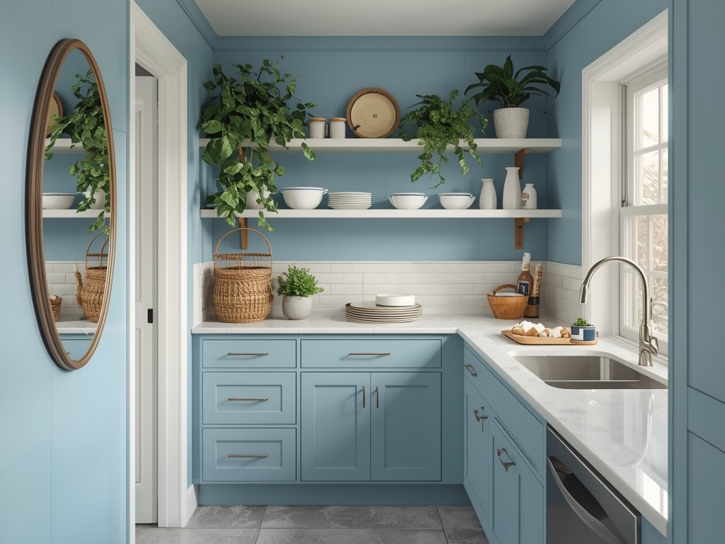 A small kitchen with light blue walls and open shelving