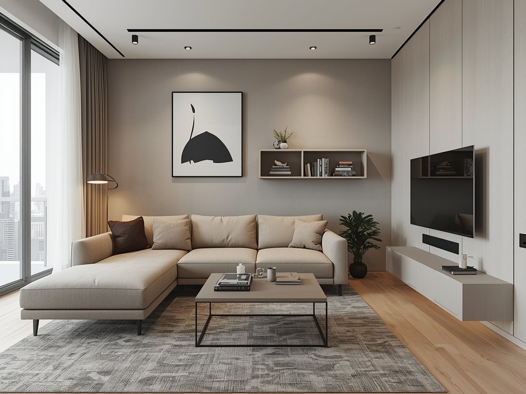 A small living room featuring a sleek, multifunctional sofa with