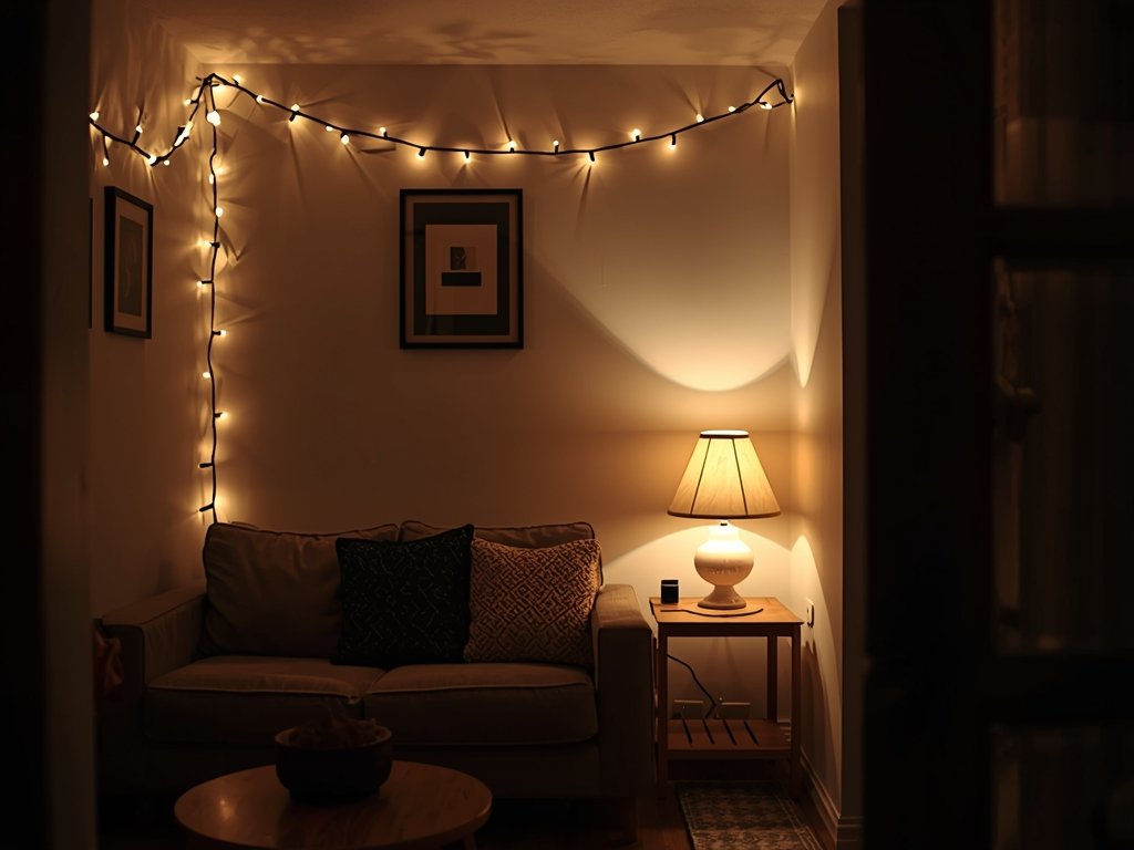 A small living room illuminated by a combination of soft