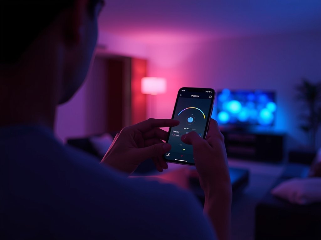 A smart home living room with automated lighting, showing a