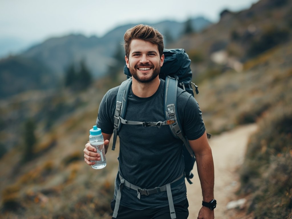 A smiling man hiking on a scenic trail, wearing comfortable