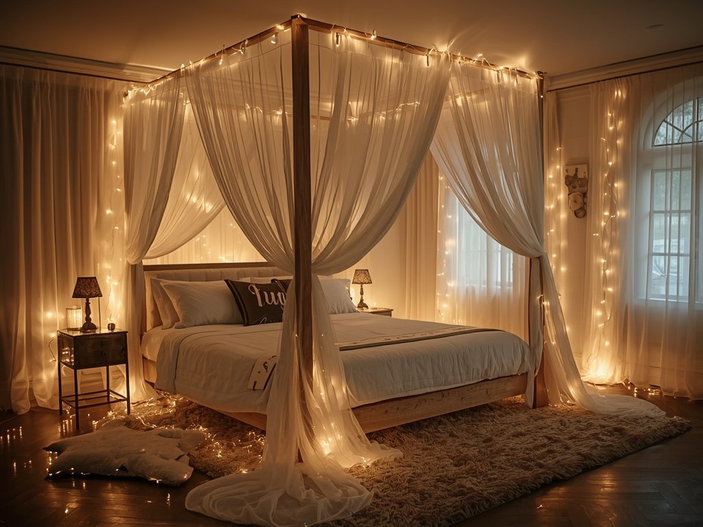 A softly lit bedroom with a large, canopy bed draped