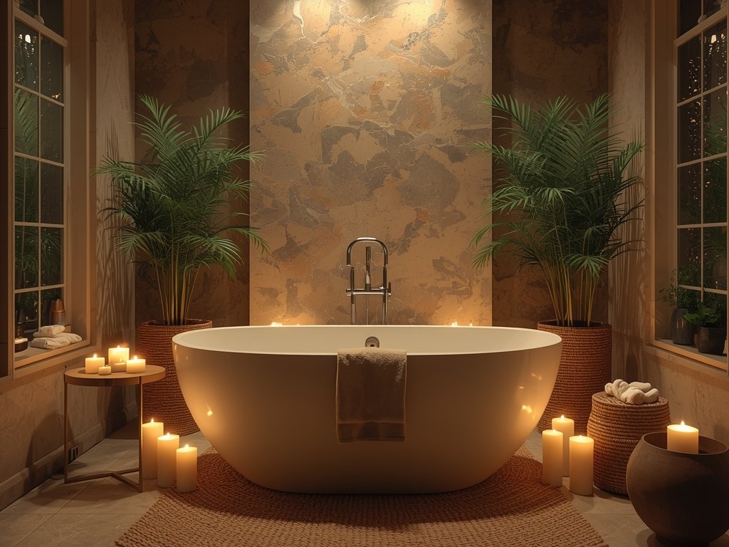 A spa bathroom featuring a deep, freestanding soaking tub surrounded