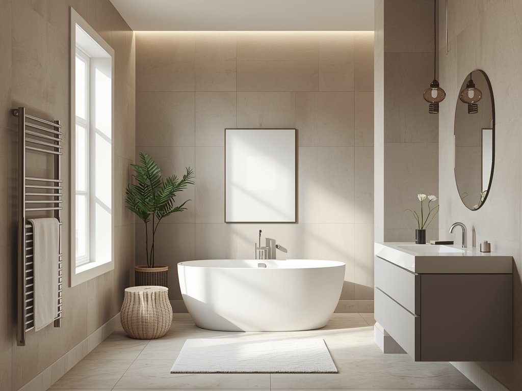 A spa bathroom in soft, neutral tones—beige walls, white fixtures,