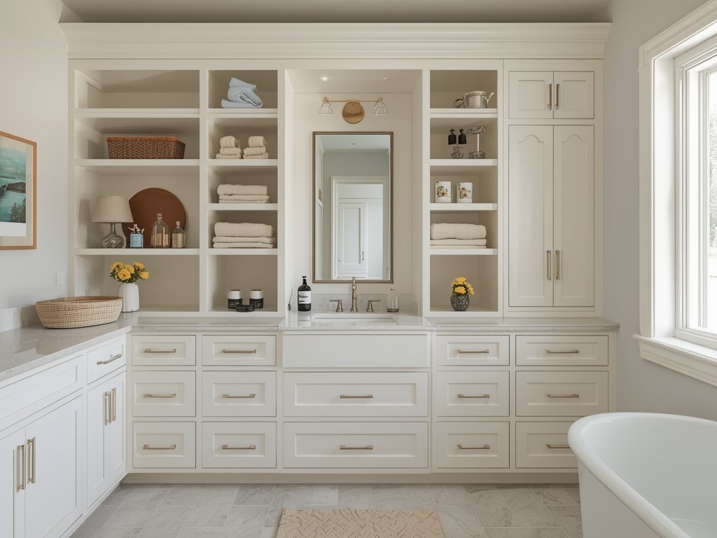 A spa bathroom with built-in shelves, drawers, and cabinets. Clean,