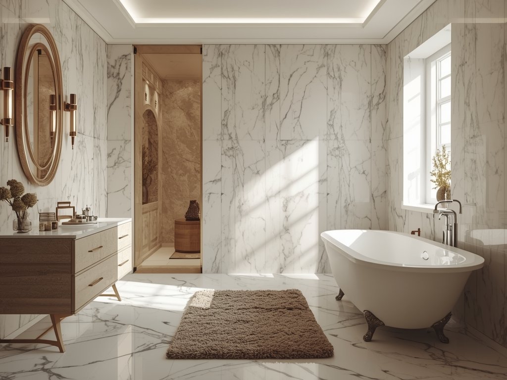 A spa bathroom with heated marble floors, a plush rug,