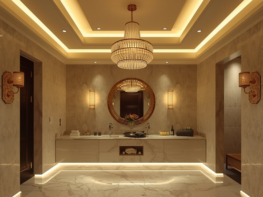 A spa bathroom with layered lighting—recessed ceiling lights, wall sconces,