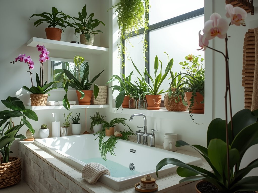 A spa bathroom with potted plants—monstera, ferns, and orchids—placed on