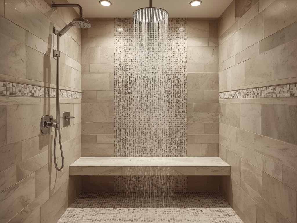 A spa shower with a large rainfall showerhead, bench seating,