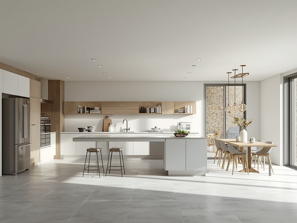 A spacious open kitchen with a U-shaped layout, ample counter