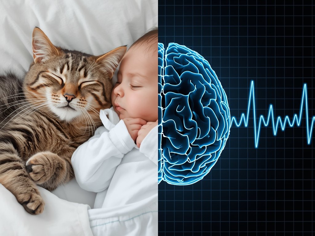 A split-screen image: one side shows a cat and baby