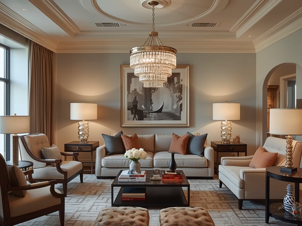 A stylish living room with a variety of lighting sources,