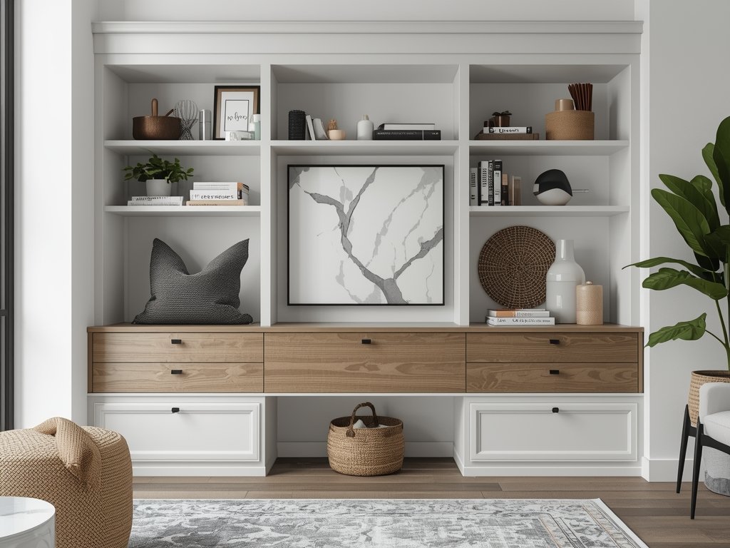 A stylish small living room with hidden storage solutions, including