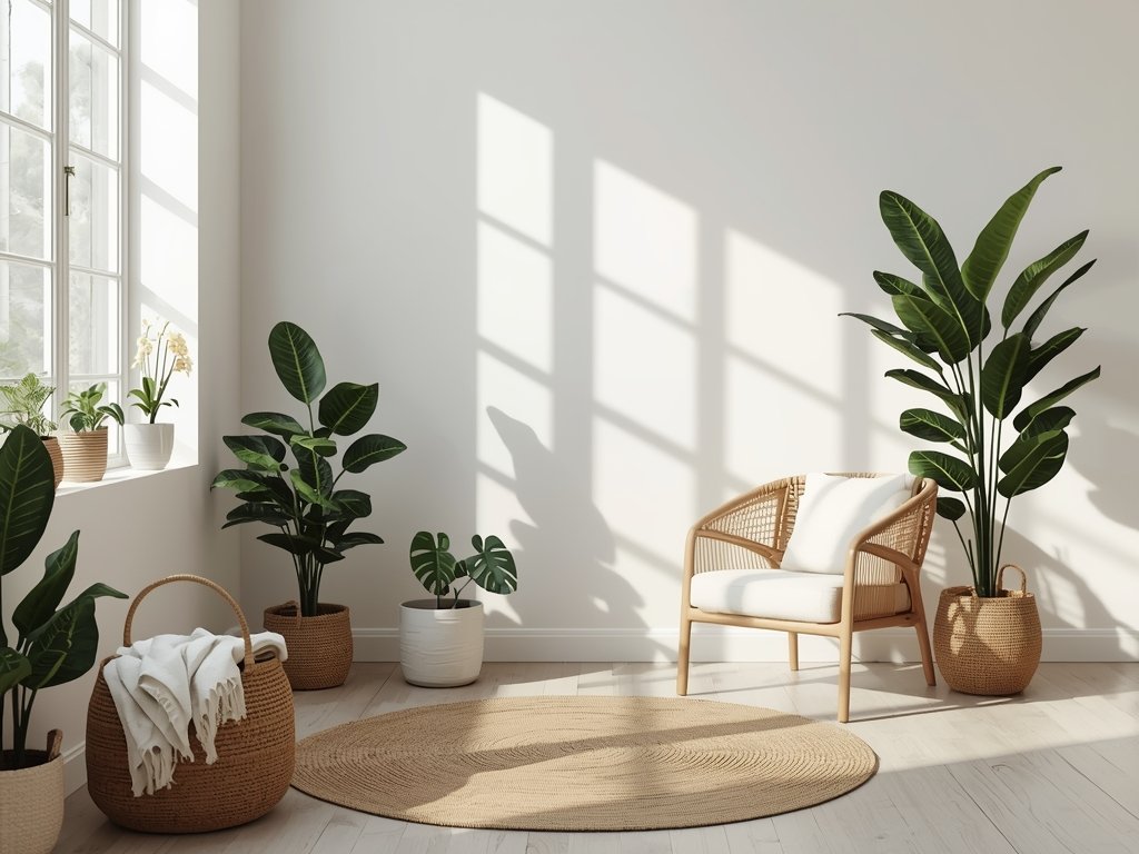 A sunlit living room with rattan furniture, potted plants, and