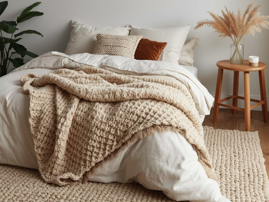 A textured bedroom featuring a chunky knit throw, a woven