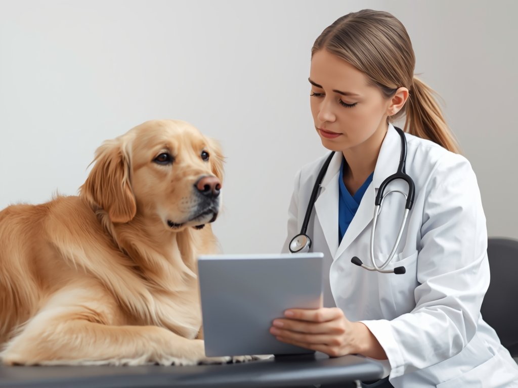 A veterinarian in a white coat, examining a Golden Retriever