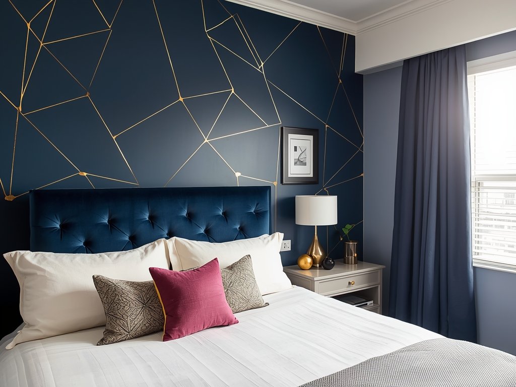A vibrant bedroom featuring a deep navy accent wall with