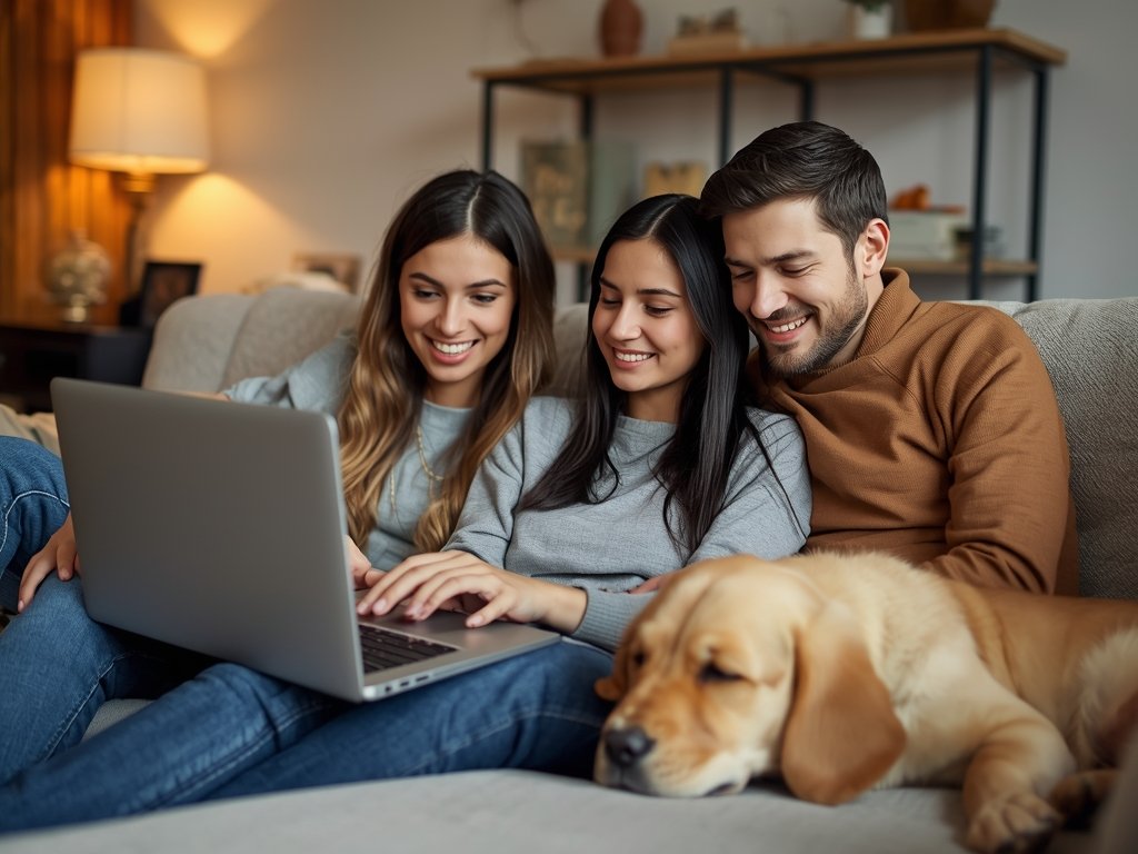 A warm, cozy living room with a family of four,