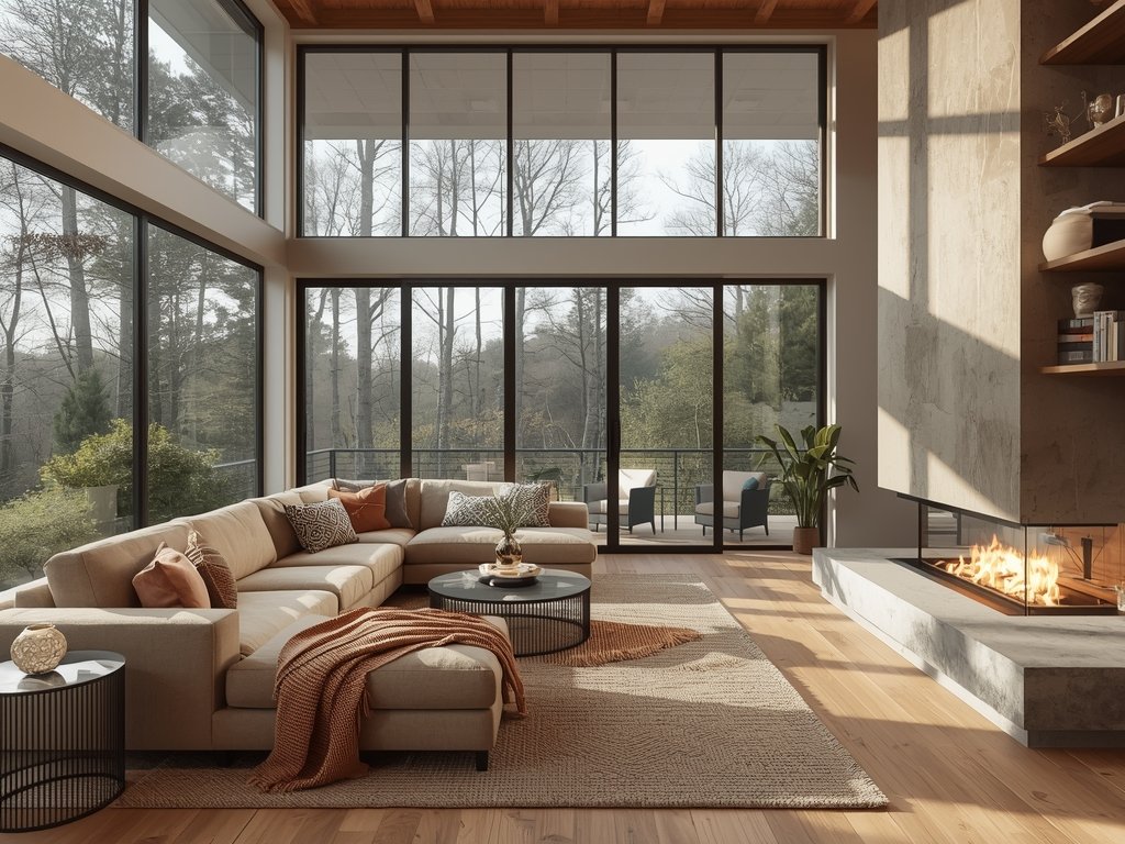 A warm, inviting modern living room with a large sectional