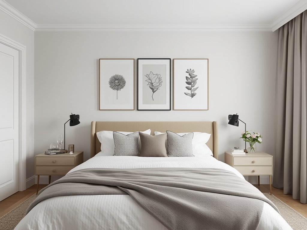 A well-designed bedroom with a perfectly balanced gallery wall, soft