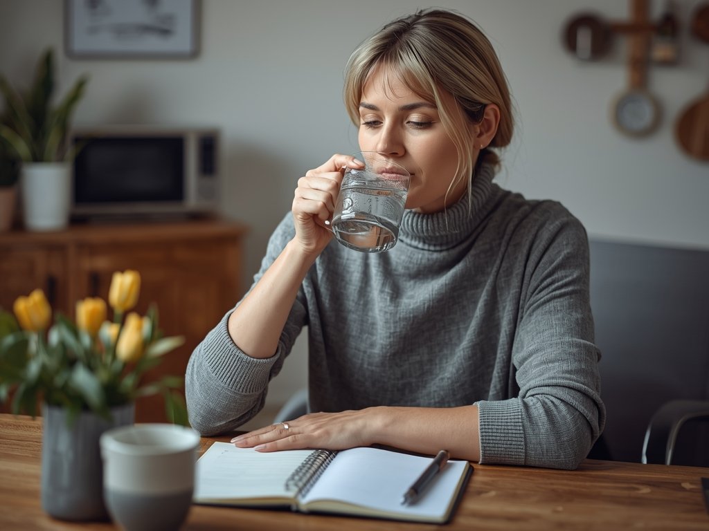 A woman sitting at a breakfast table, sipping warm water