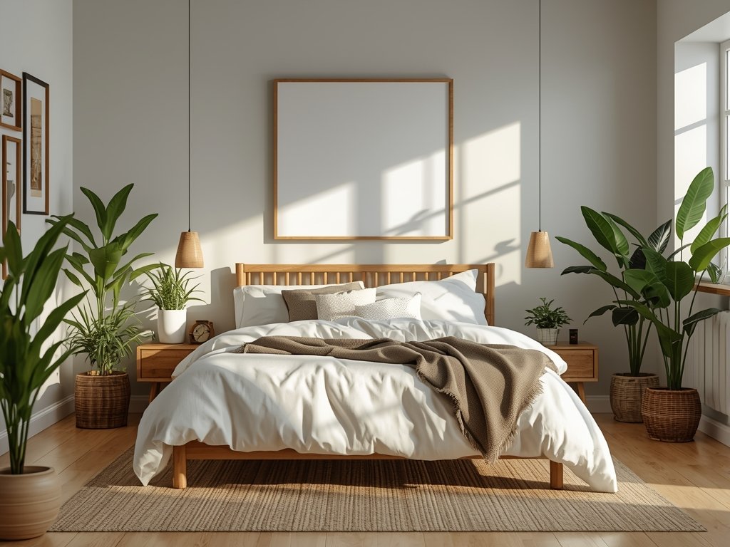 An eco-friendly bedroom with upcycled furniture, organic cotton bedding, bamboo