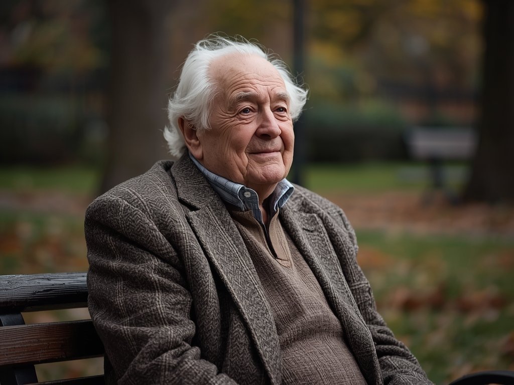 An elderly man with a kind face, wearing a tweed