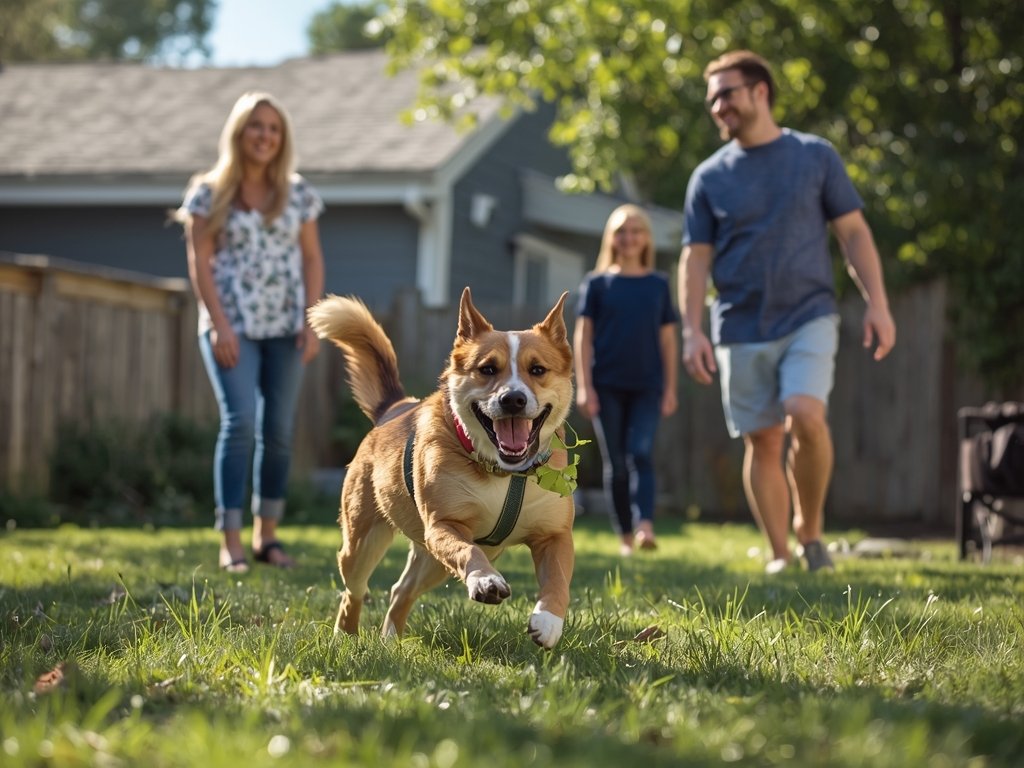 Buddy, now named 'Lucky', playing fetch in a sunny backyard