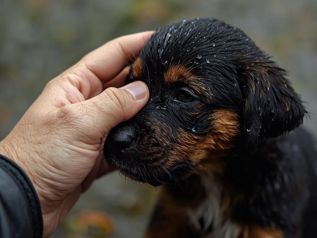 Close-up of Jake's hand gently petting the wet, shivering puppy,