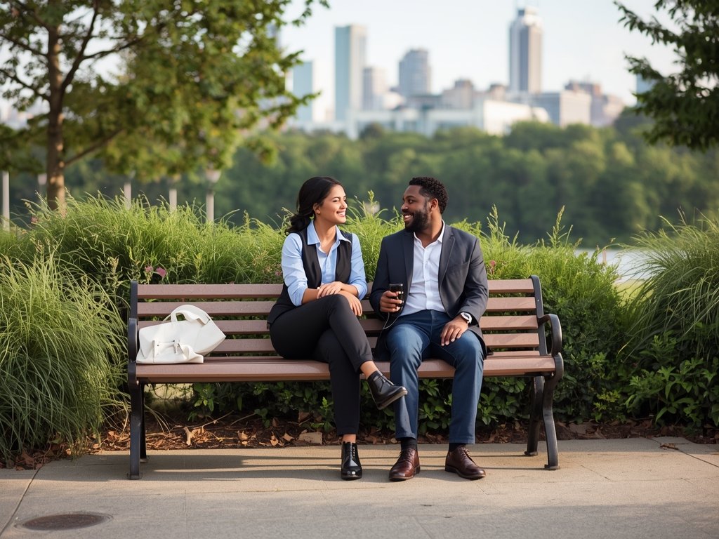 Emily and Mr. Johnson sitting on a park bench, surrounded