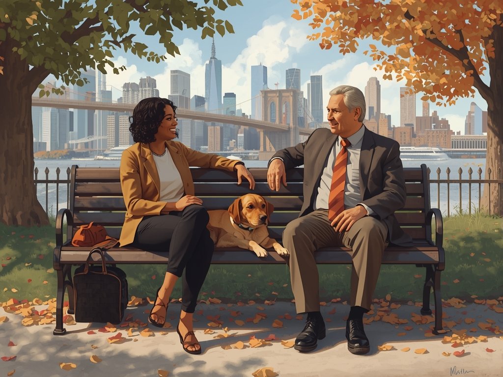 Emily and Mr. Thompson sitting on a park bench, Buddy