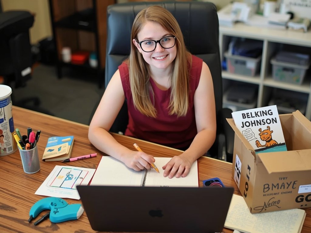 Emily sitting at her desk, surrounded by the items from