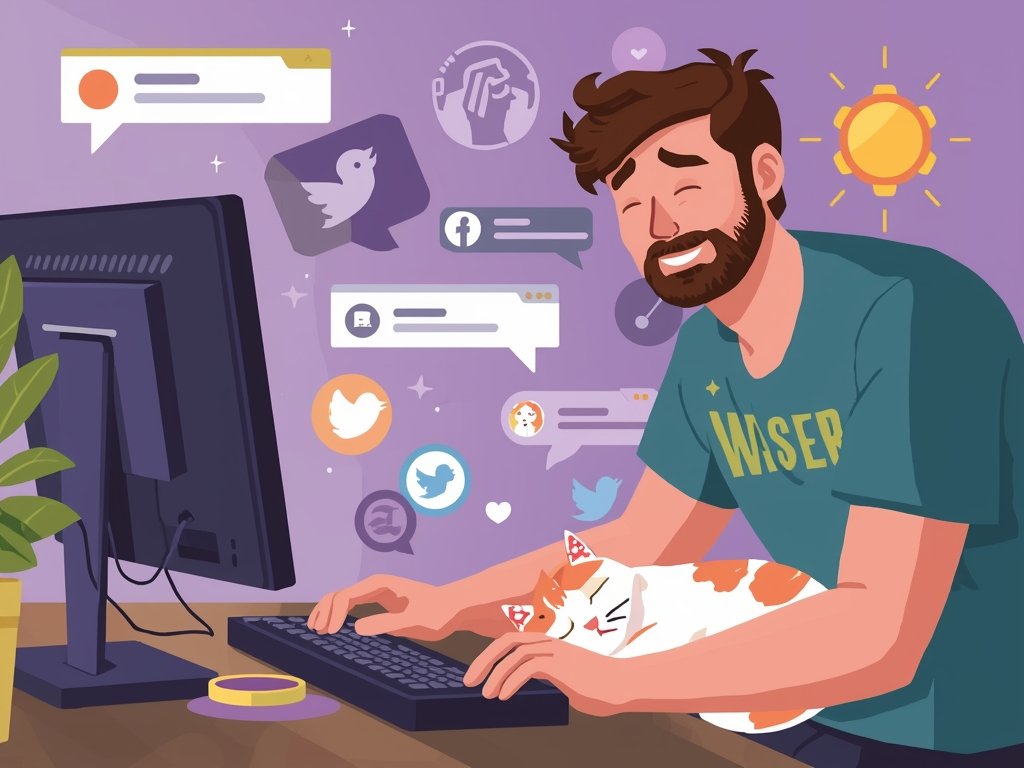 Jake sitting at his computer, smiling as he scrolls through