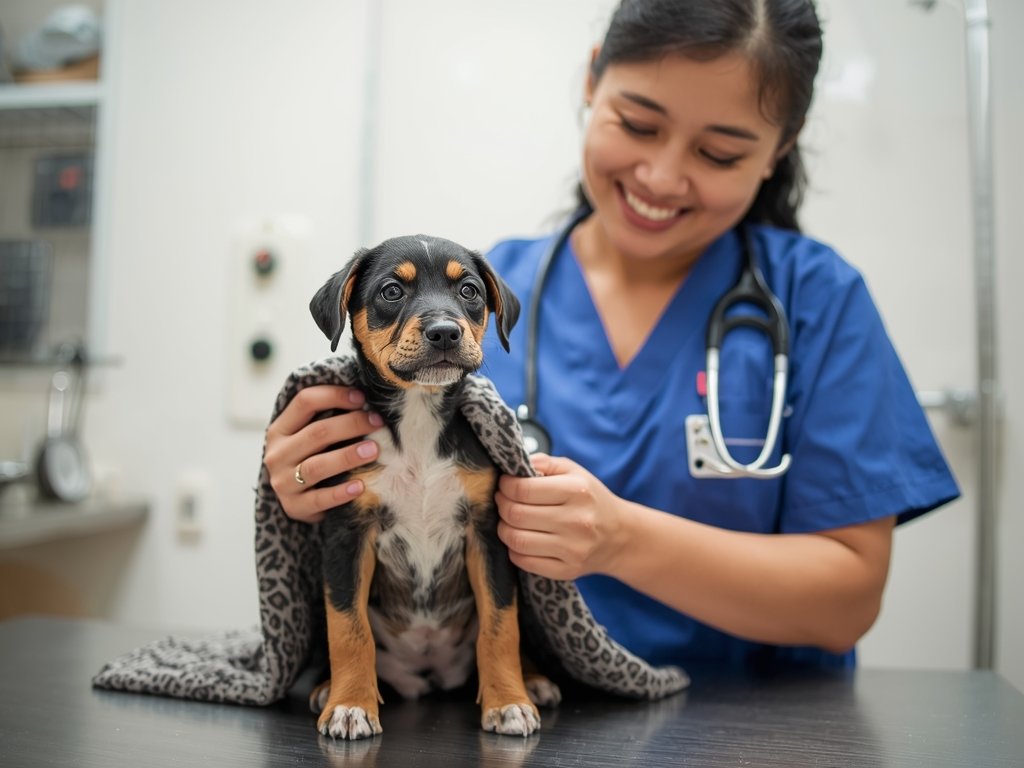 Jake sitting in a vet's office, the puppy now dry