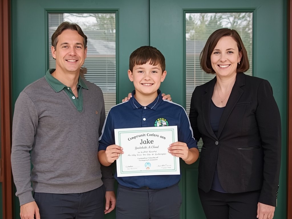 Jake standing in front of his school, holding a certificate