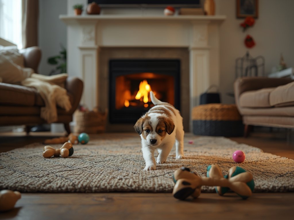 Jake's cozy apartment living room, with the puppy exploring its