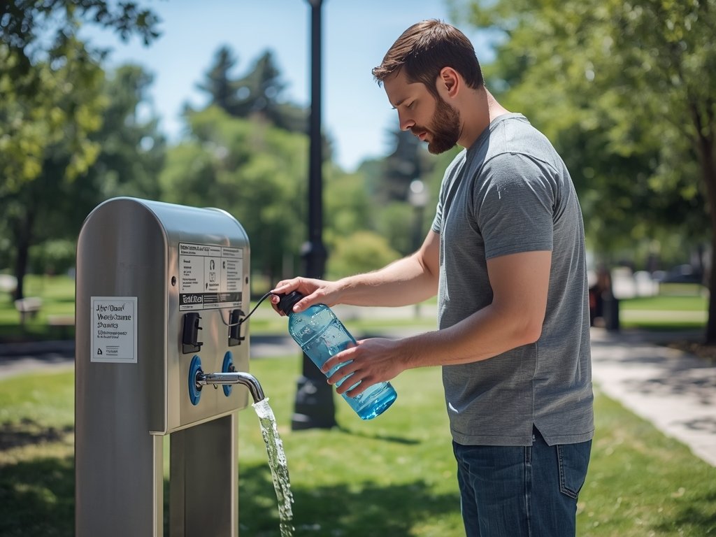 John filling his water bottle at a public water fountain
