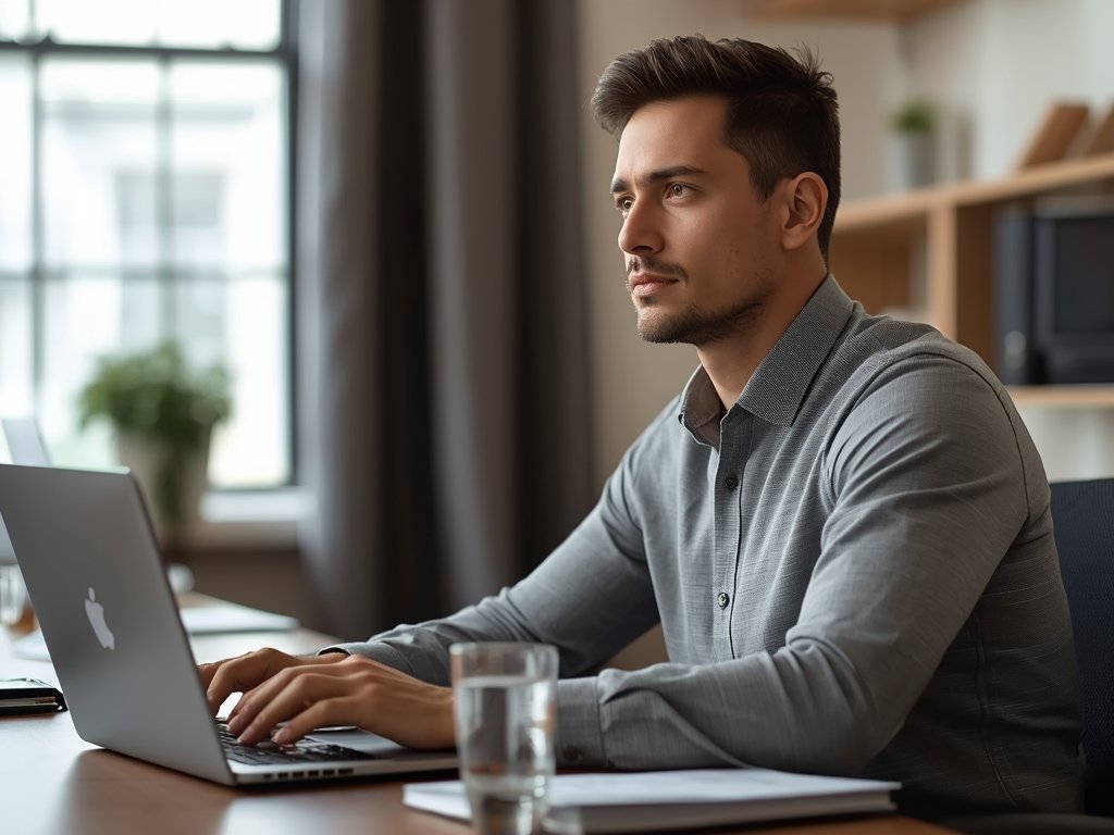 John sitting at his desk, looking focused and calm, with