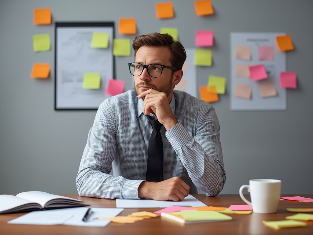 John sitting at his desk, surrounded by sticky notes and