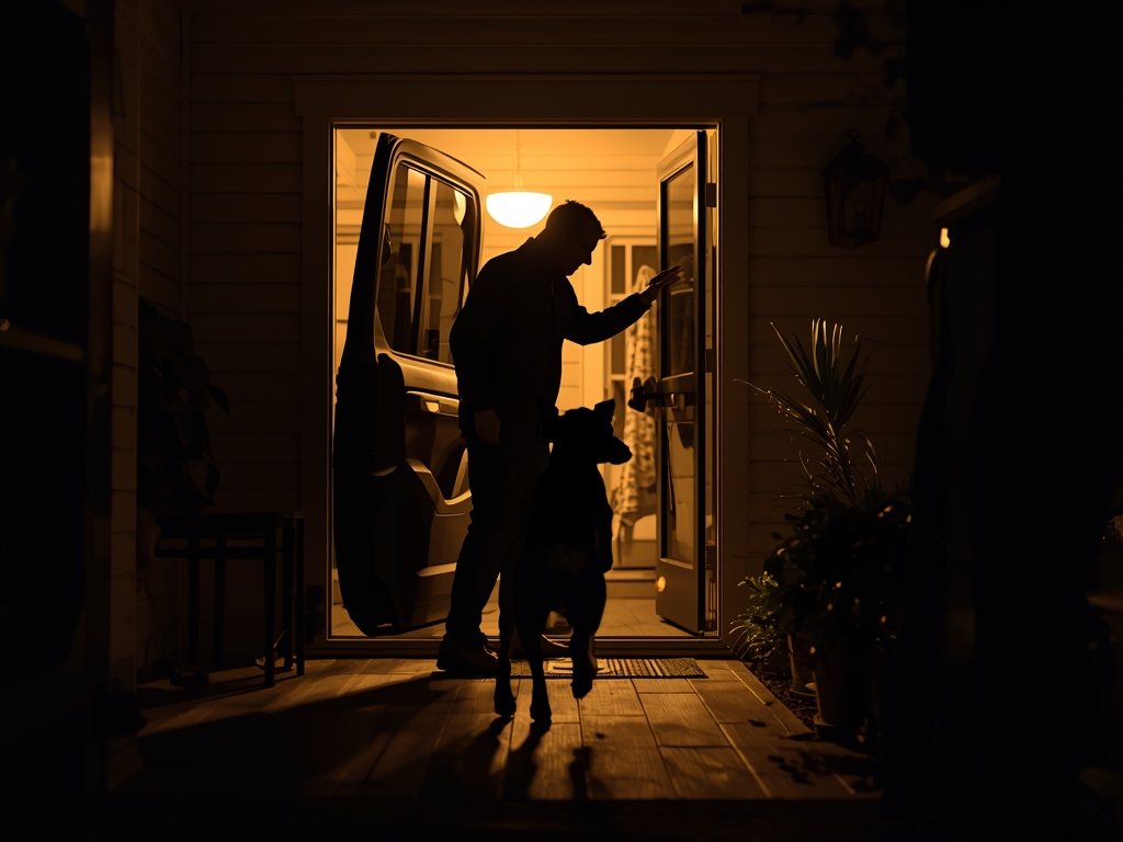 John stepping out of his car, Max bounding toward him