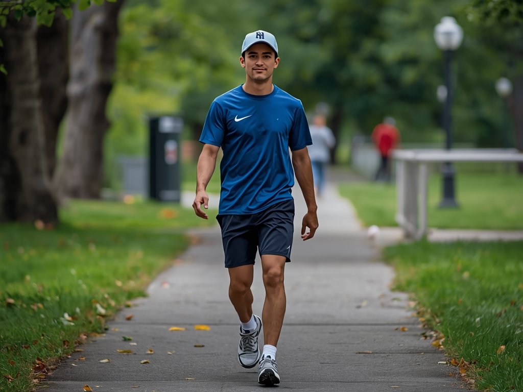 John walking through a local park, wearing sneakers and a