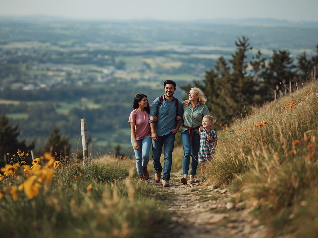 John walking with his family along a scenic trail, laughing