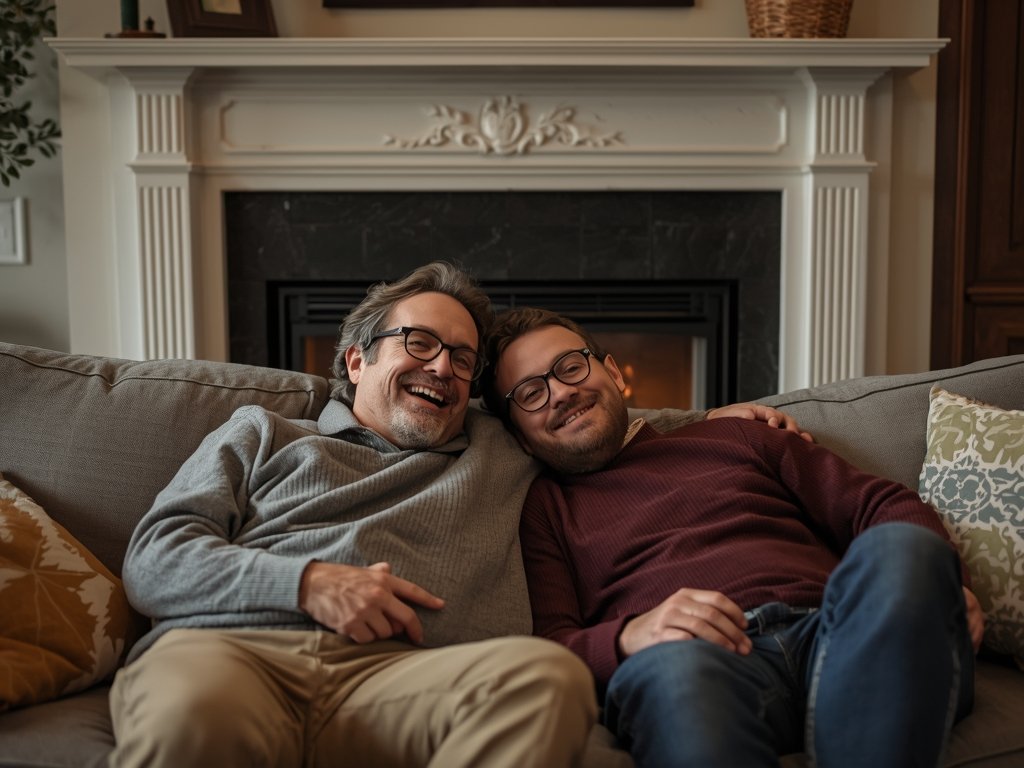 Max and John lounging together on a cozy couch, a