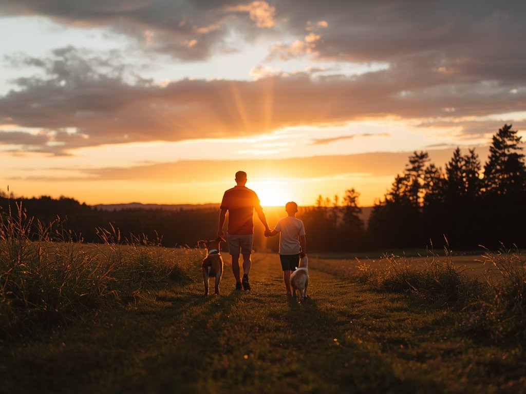 Max and Timmy walking together, hand in paw, towards a