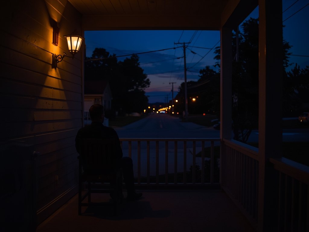 Max sitting on the porch at dusk, his silhouette framed